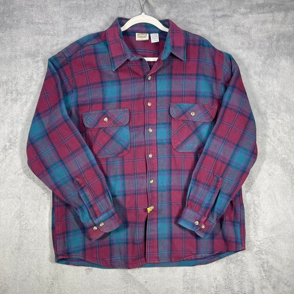 Five Brother Flannel Shirt Mens XL Purple Teal Plaid Heavy Cotton Long Sleeve